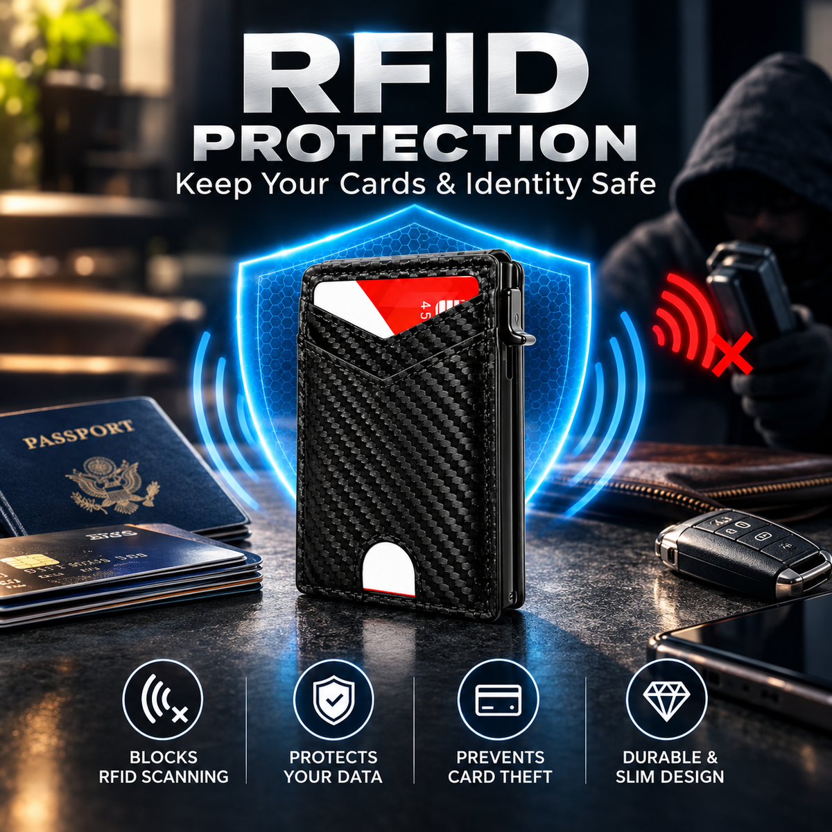 Slim RFID Wallet for Men – Pop-Up Card Holder with Money Clip & Dual ID Windows